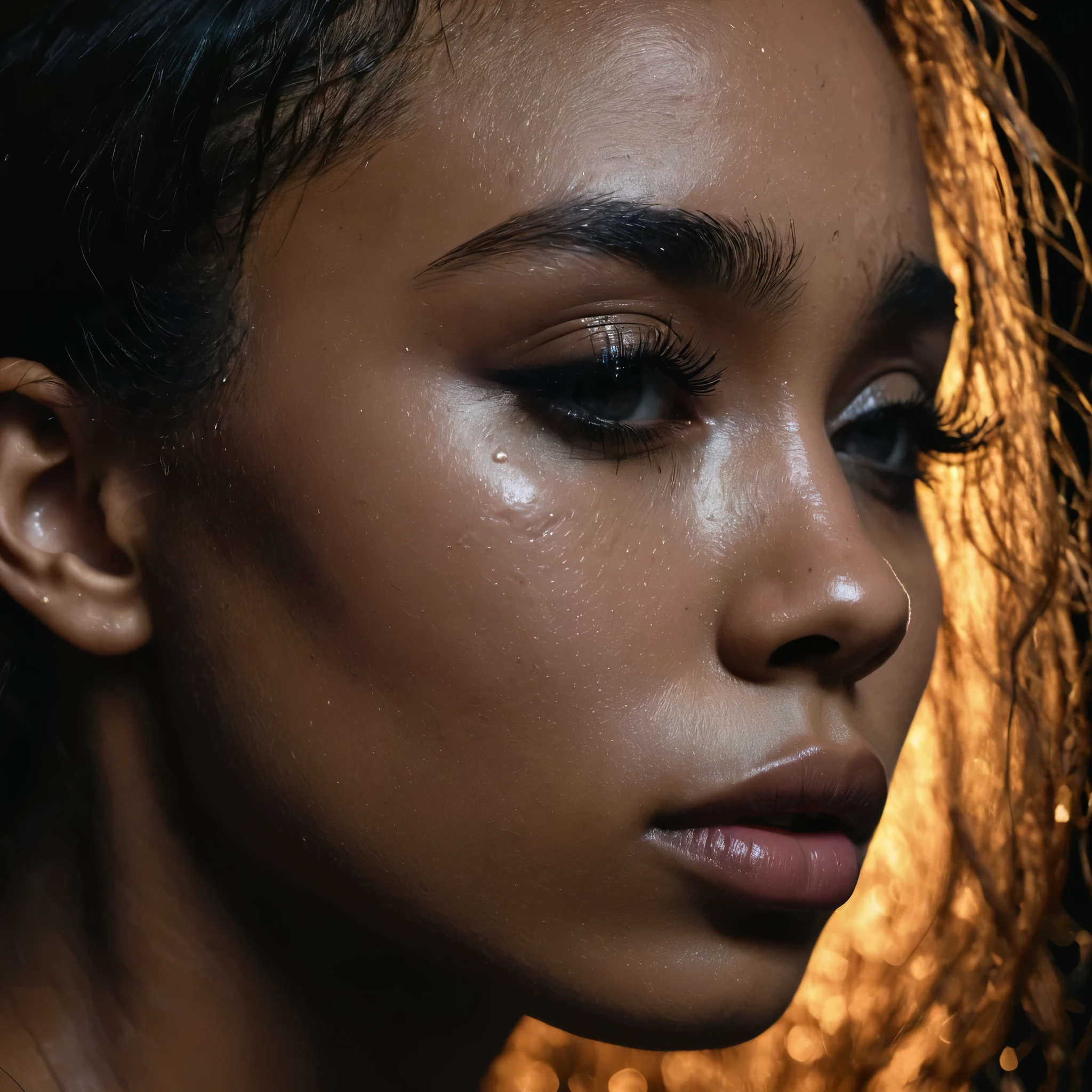 close up and zoomed in on a beautiful depressed very sad emotional sad crying black girl and a black background, sad, depressed, emotional, close up on side profile only showing cheek and eyelight falling on face, noir photorealism, mysterious portrait of a woman, chiaroscuro portrait, close up on side profile, tinashe, zoe kravitz, zoomed in on tear drop, euphoria vibes, black and white, dark
