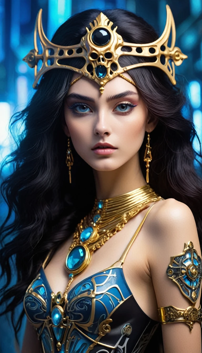 ( High quality , Ultra-detail, carefully with your hand )tarot card, chiaroscuro technique on sensual illustration of an queen of sword, a age fashion model wearing an exo-skeleton mask, vibrant colors, futuristic cyberpunk style, intricate details, cinematic lighting, dramatic pose, an elegant complex bio mechanical onyx and gold, intricate details, official art, unity 8k wallpaper, ultra detailed, beautiful and aesthetic, beautiful, masterpiece, best quality, the most beautiful form of chaos, elegant, a brutalist designed, vivid colours, romanticism, atmospheric