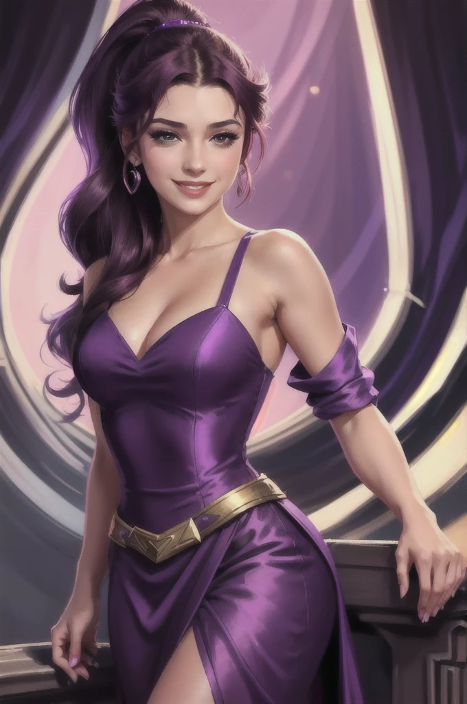 1girl, face portrait of megara, evil smile, half-closed eyes, high ponytail, long hair, bare shoulders, long purple dress, looking at viewer, best quality, masterpiece, retro artstyle, 