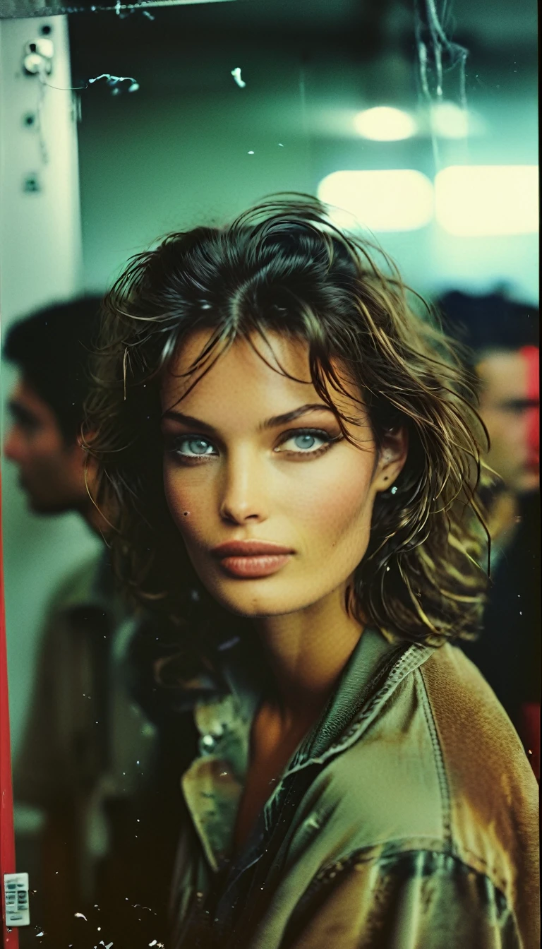 old 35mm photo, 1990s, a supermodel on a break backstage