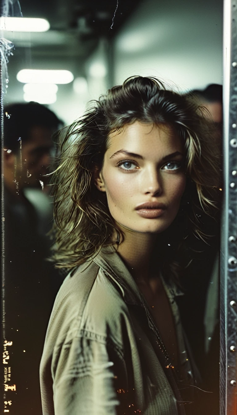 old 35mm photo, 1990s, a supermodel on a break backstage