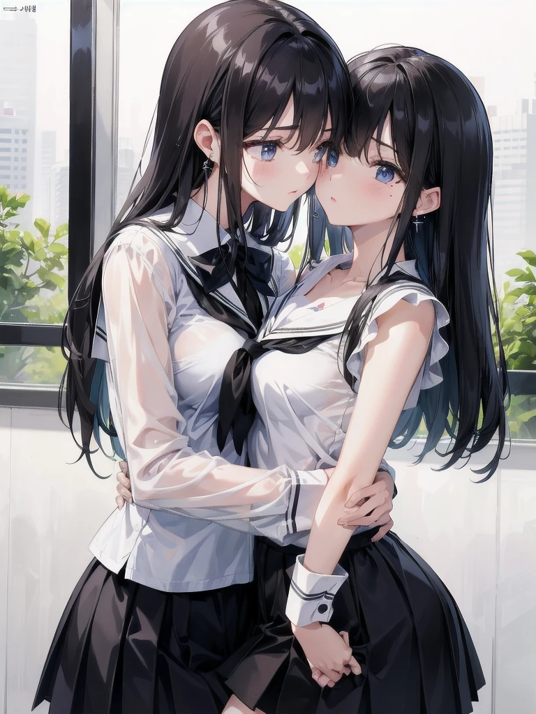 absurdres, RAW photo, extremely delicate and beautiful, masterpiece, Best Quality, ultra high resolution, 32k, hyperrealistic, ultra-detailed, in her 20s, delicate facial features, tearful mole, earring, medium breasts, full body shot, shorter middle hair, black hair, korean school_uniform, summer school_uniform shirt, dress shirt, sleeveless, yuri, 2girls, kissing, hugging,