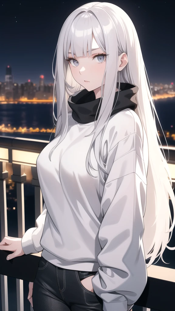 A young woman with silver bangs long hair, grey eyes, pale skin, medium sized breasts. She is wearing a black sweatshirt and white jeans. She is looking at the viewer with a serious face. The setting is the balcony of a luxurious apartment with the night city in the background.