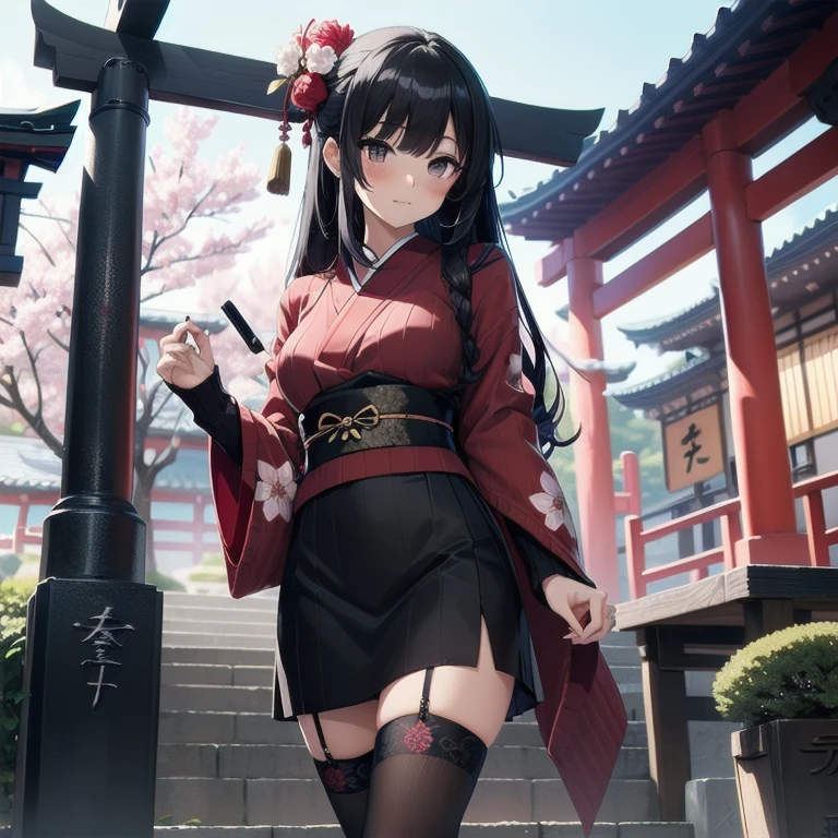 1girl, anime, black eyes, long black hair with square bangs, very long black hair, super long black hair, skirt and stockings, heels, black Japanese style kimono mixed with ribbed black sweater with red accents and sakura floral design, ((ribbed black sweater)) adult, (Japanese shrine/temple background), gamer, (((gamergirl))), kimono sleeves