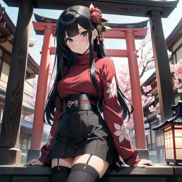 1girl, anime, black eyes, long black hair with square bangs, very long black hair, super long black hair, skirt and stockings, heels, black Japanese style kimono mixed with ribbed black sweater with red accents and sakura floral design, ((ribbed black sweater)) adult, (Japanese shrine/temple background), gamer, (((gamergirl))), kimono sleeves