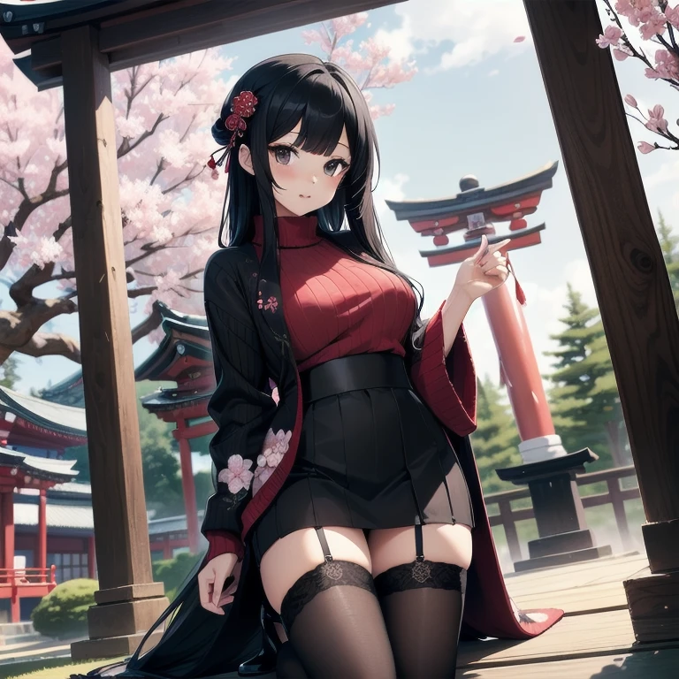 1girl, anime, black eyes, long black hair with square bangs, very long black hair, super long black hair, skirt and stockings, heels, black Japanese style kimono mixed with ribbed black sweater with red accents and sakura floral design, ((ribbed black sweater)) adult, (Japanese shrine/temple background), gamer, (((gamergirl))), kimono sleeves