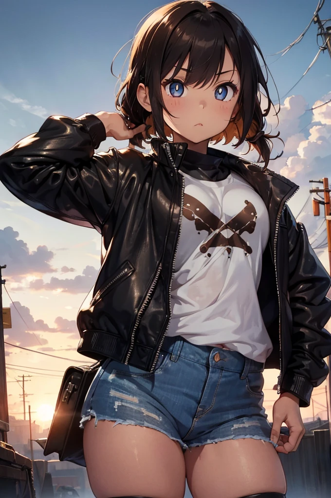 1 female, fierce, post-apocalyptic dessert, young ???, asian, spiked baseball bat, cute, Leather jacket, hourglass figure, thick thighs, full body pic, light brown hair, blue pupils, pout, best quality.
