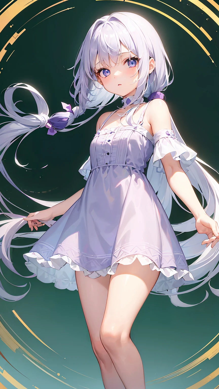 (Girl1,10 years old,round face,blue eyes,White hair,long hair),((purple short a dress,green background)),highly detailed,hd