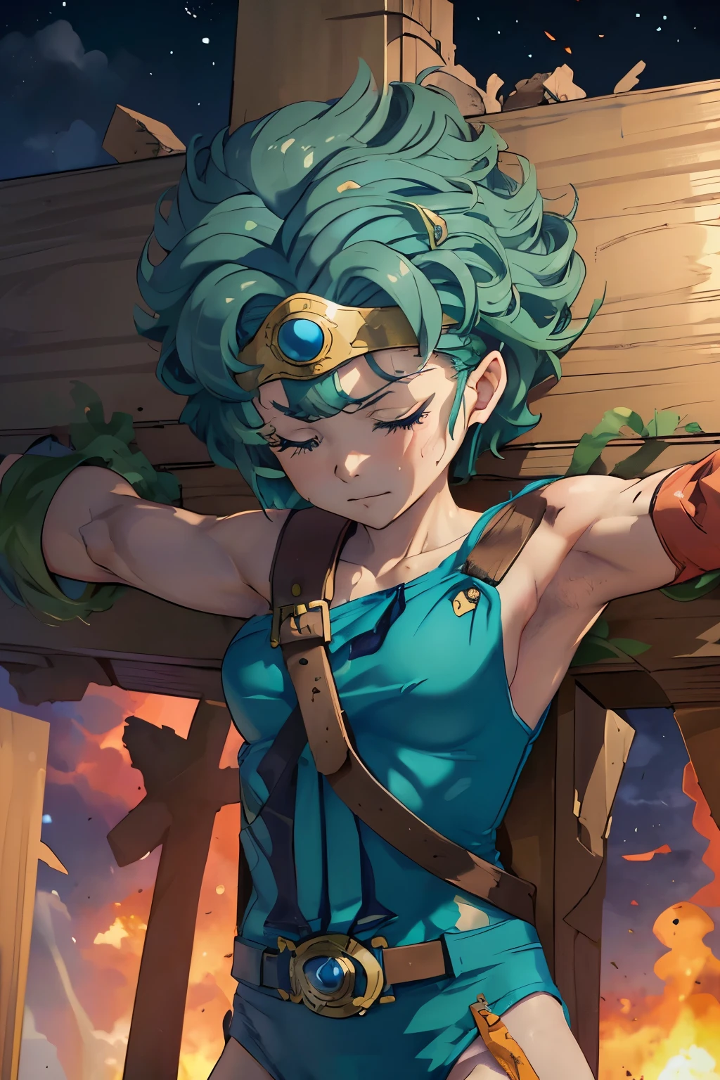 アニメアートワーク アニメアートワーク masterpiece,Highest quality, Unreal Engine, Ultra-high resolution, Very detailed丸い胸, 1 person with medium chest, Waist, Muscular、 heroine, Circlet, Curly Hair, Green Hair, short hair, Asymmetrical clothing, The upper body is showered with a highly viscous liquid that melts clothes.、The blue leotard melted away、A leotard with no parts((Torn leotard:1.5)), belt, Broken glove, Broken Single Sleeve . Anime Style,Studio Anime, Very detailed. Highest quality，masterpiece，Ultra-high resolution, Very detailed, 8K，(One person)，((Crucifixion:1.5))，(execution)，((incontinence))、((クロスにCrucifixionにされた女性：1.5)),Crucifixion刑，The cross is engulfed in flames、Immoral Blue Leotard、Leotards that show underwear、((Female Warrior))，Haunted by a curse、((肩口がTorn leotard:1.5))，((Melted leotard:1.5))、((Bruises on the body))，(((Body bleeding)))、Body scars，Facial and body injuries， 敗北したheroine.Kneel.She&#39;s being strangled and can&#39;t stand. On the brink of death.There are wounds all over the body.Fresh blood flows、 Get down on one knee、Bind both hands with ropes、The miasma of the poisonous swamp is sapping your life force.。The wound continues to bleed、One more hit and you&#39;ll surely die、I am in agony。
As instructed、The tentacles wrap around my body violently.、Depict the whole body、Panting、I have severe burns、両肩のbelt壊れる。Being in the swamp。On one knee、There are many poison arrows stuck in it