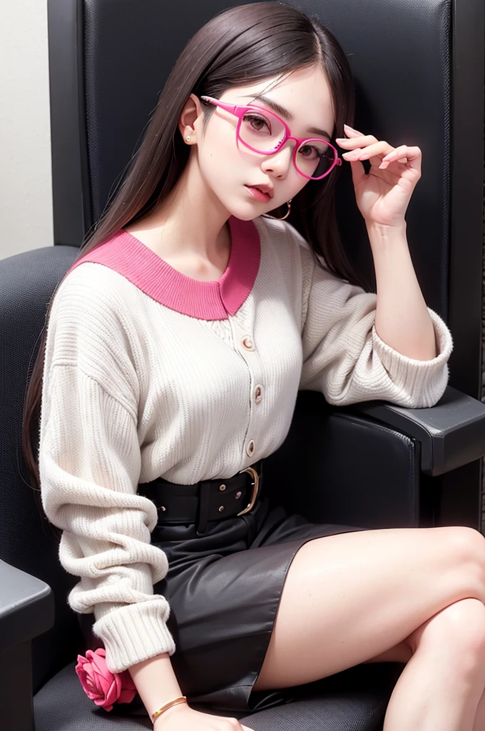 Japan woman sitting on chair with glasses on face, sunglasses, wearing glasses, Urzan, woman with rose-colored glasses, Diravadi Lumrat, wearing thin big round glasses, wearing pink glasses, wearing small round glasses, portrait jiss blackpink, blackpink jisoo, blackpink jisoo, square glasses, sunglasses, cleavage, cameltoe, pelvic, waist, nsfw