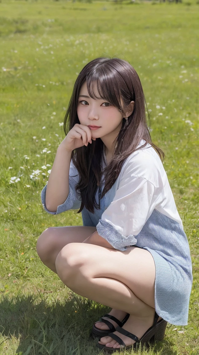 1 Female,((One girl)),((16 years:1)), cowboy_shot,(from_front:1.5),Eye of the worm,squat,自分のfeetを抱きしめる, On the grass,10 generations, Very young,純真なbeautiful少女たち, Idol's face, Delicate girl:1,feet,knees,(elegant_Sandals:1),(Tunic blouse:1.0), (Ruffled tops:1.0), (trainer:1),(cardigan:1),Sleeves are longer than the wrist, overly too long sleeves, (denim_skirt:1.3),at the park,(knees_Away:0.8),(skirtの中from見えるおまんこの割れ目), (Camel Toe:1), (Young pussy:0.8), masterpiece, Highest quality, 8K,(beautiful_skin:1),Detailed face,Smooth bristles, Glowing black eyes,Sparkling eyes,Childish,RAW Photos, Professional Lighting, Film Grain, chromatic aberration,Expressionless, (Small eyes and face:1.0), (Bokeh:1.1),School Bags