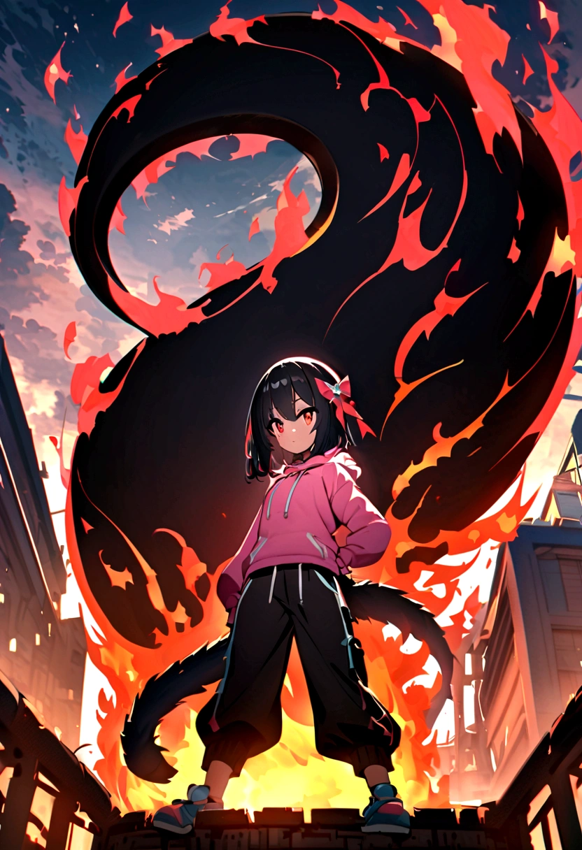 an anime girl eyes with a black iris and red pupils, black hair with pink highlights with small hair bow with small blue and yellow cubes decoration on the bow, on the right side of the head. She wears a pink sweatshirt that is too big for her and small black sweatpants.. She has a red aura of flames that surrounds her violently.. Two black flames emerge from his head and flames emerge from his hip, forming a tail.. She is on top of a building with the moon behind 