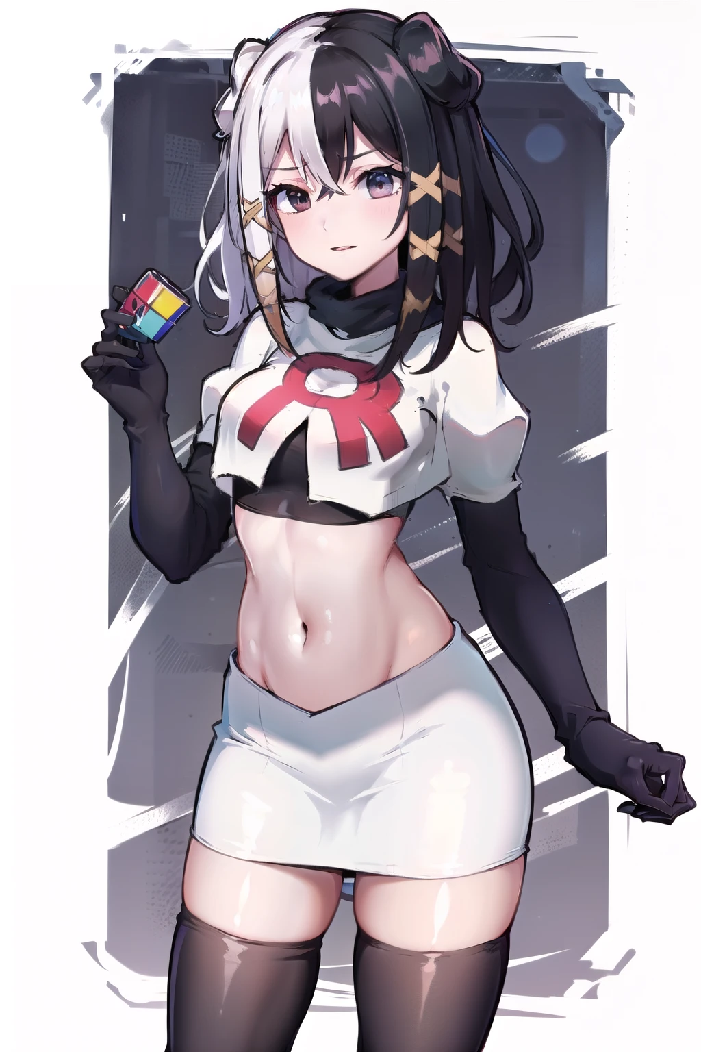 zesshi zetsumei, 1girl,solo, team rocket,team rocket uniform,white skirt,red letter R,crop top,black thigh-highs,black elbow gloves