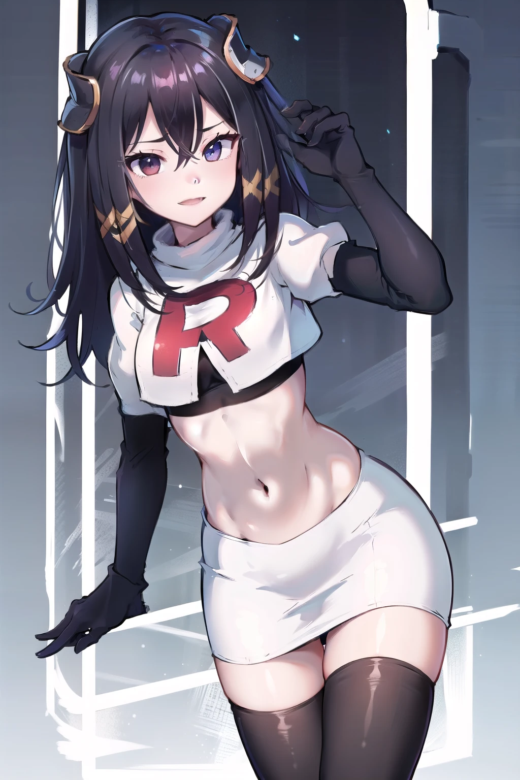 zesshi zetsumei, 1girl,solo, team rocket,team rocket uniform,white skirt,red letter R,crop top,black thigh-highs,black elbow gloves