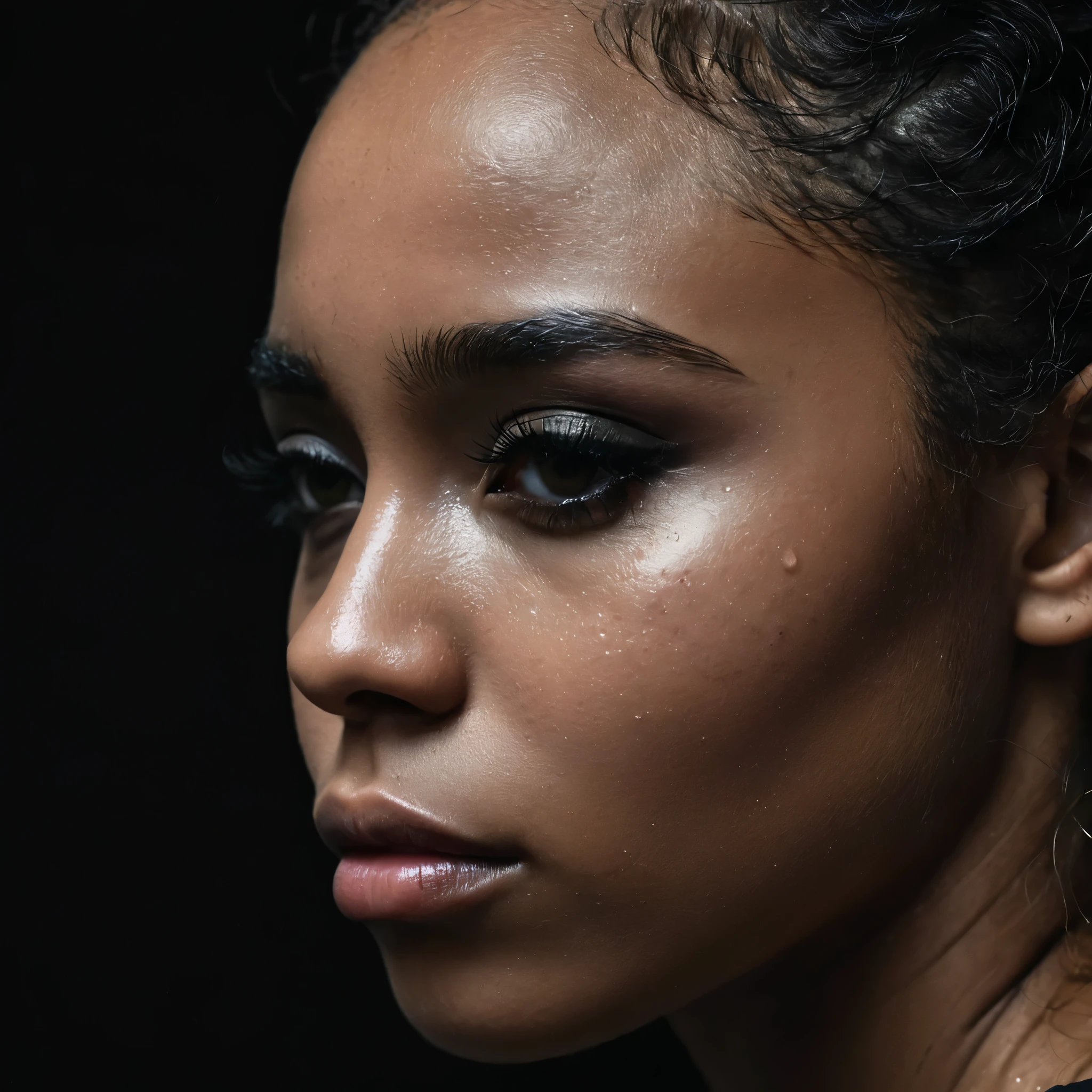 close up and zoomed in on a beautiful depressed very sad emotional sad crying black girl and a black background, sad, depressed, emotional, close up on side profile only showing cheek and eyelight falling on face, noir photorealism, mysterious portrait of a woman, chiaroscuro portrait, close up on side profile, tinashe, zoe kravitz, zoomed in on tear drop, euphoria vibes, black and white, dark
