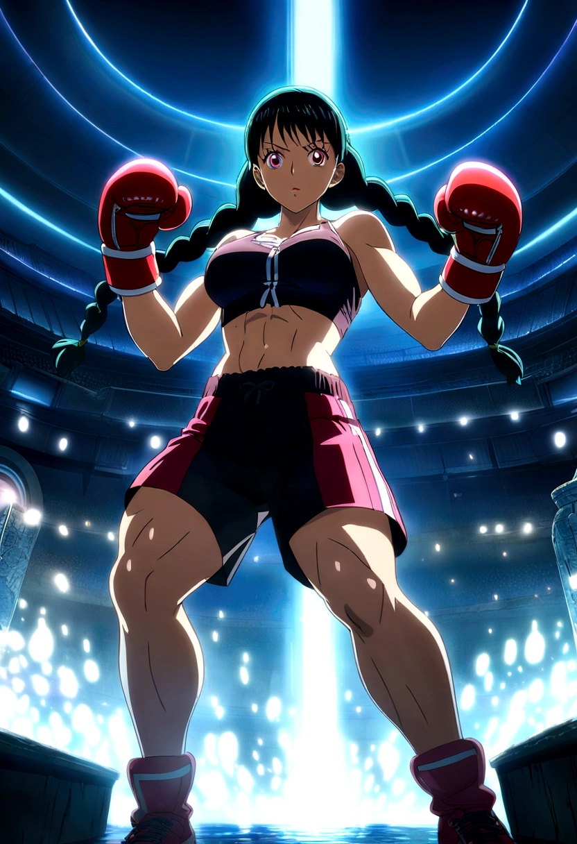 Asian woman, muscular and defined body, black hair with dark green braids, bright pink eyes, female boxer's outfit, lively expression, boxing gloves, One Piece-inspired anime features, drenched in dramatic and incredible lighting, dramatic lighting, infused with creative details, ultra-fine 2D design, scenery bathed in creativity, bathed in creativity, boasting HD anime resolution clarity, HD anime graphics, high-octane rendering