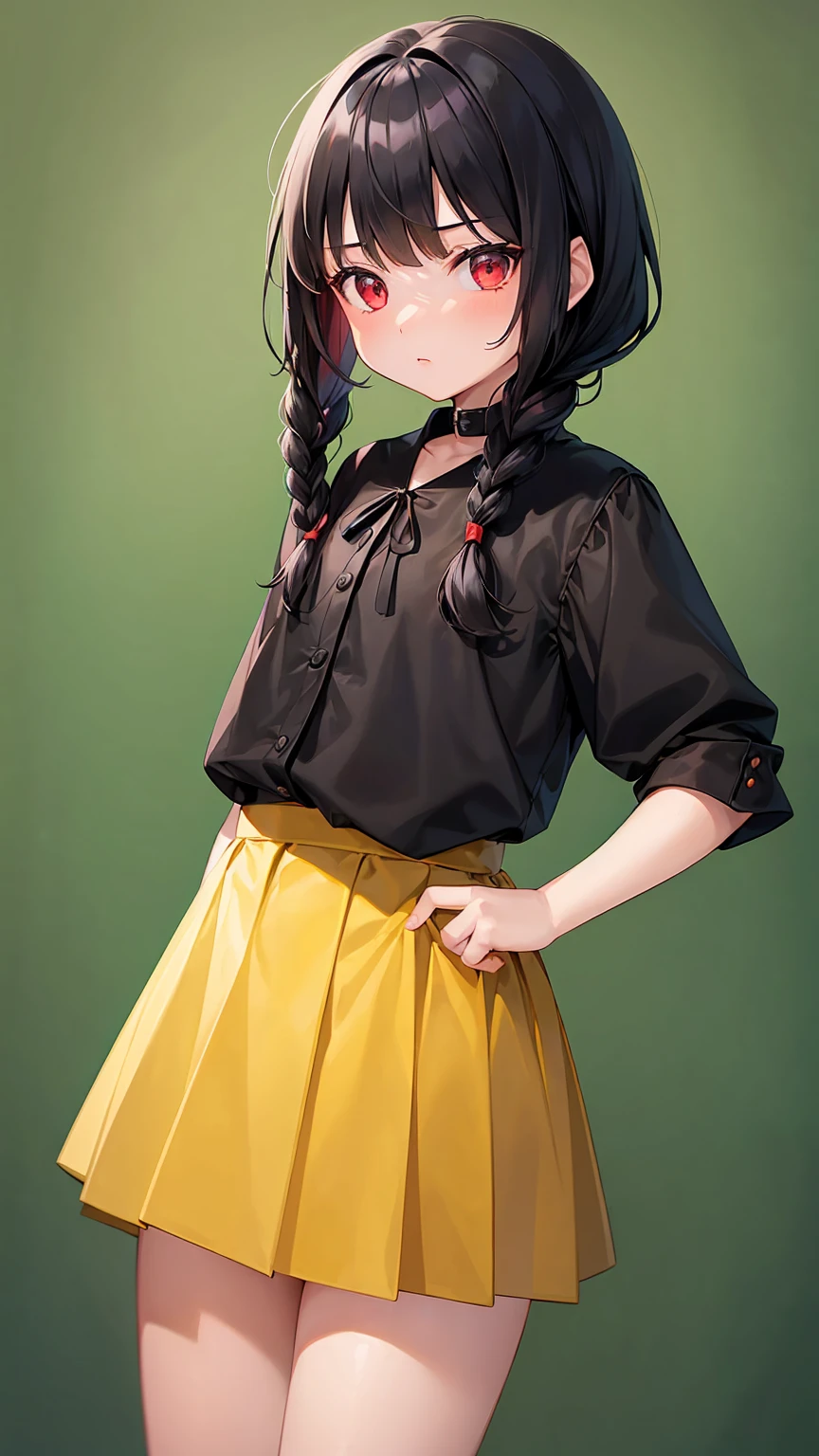 (Girl1,10 years old,cowboy shot,triangle face, red eyes,black hair,Side braid),yellow blouse,short skirt,green background,HD,highly detailed