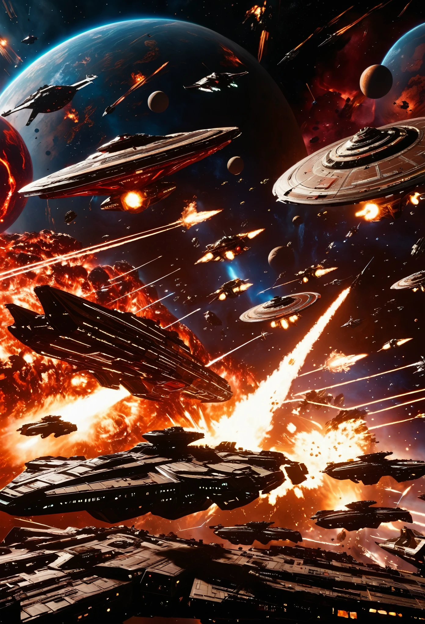A cinematic scene of an epic space battle, with multiple starships engaged in combat amidst the backdrop of swirling flames and debris. The background features distant planets in dark red hues, adding to the dramatic atmosphere. In close up view, focus on one ship at center stage, surrounded by smaller ships from both sides.