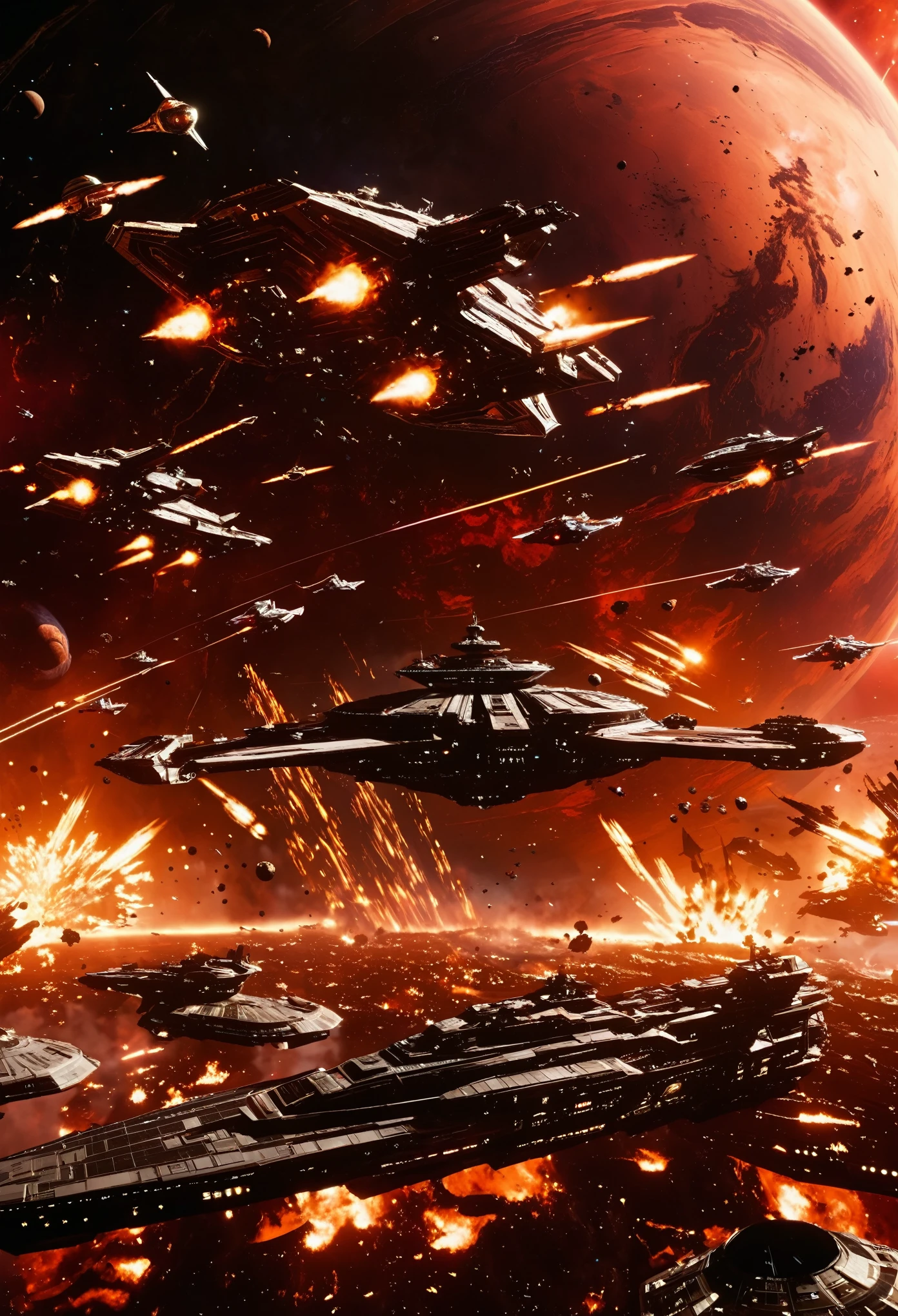 A cinematic scene of an epic space battle, with multiple starships engaged in combat amidst the backdrop of swirling flames and debris. The background features distant planets in dark red hues, adding to the dramatic atmosphere. In close up view, focus on one ship at center stage, surrounded by smaller ships from both sides.