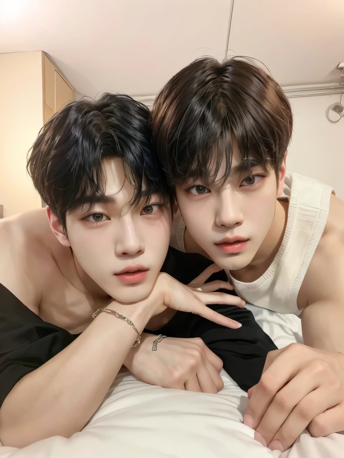 there are two young men laying on a bed together, Park Jimin, Kim Taehyung, Jimin and Taehyung, bts, taehyung kim, jimin and taehyung, jimin park, cute boys, kim doyoung, bowater charlie and brom gerald, yan, gay, sakimichan