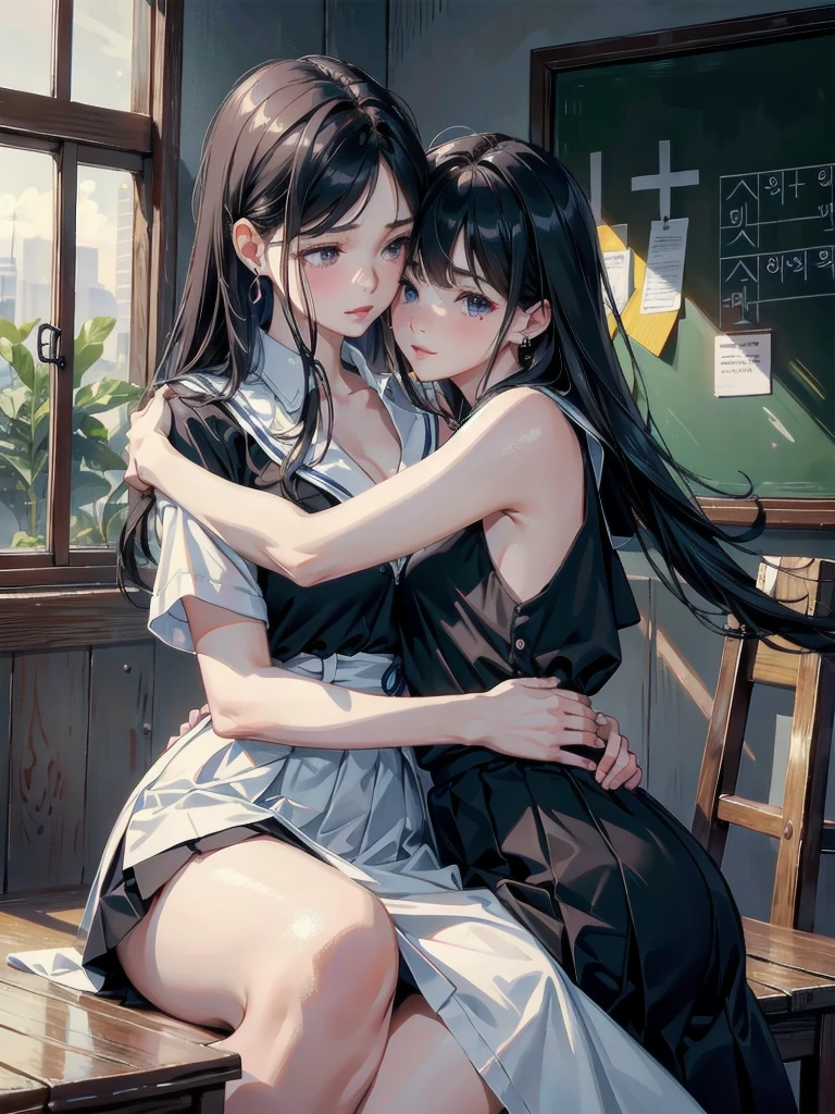 absurdres, RAW photo, extremely delicate and beautiful, masterpiece, Best Quality, ultra high resolution, 32k, hyperrealistic, ultra-detailed, in her 20s, delicate facial features, tearful mole, earring, medium breasts, full body shot, shorter middle hair, black hair, korean school_uniform, summer school_uniform shirt, dress shirt, sleeveless, yuri, 2girls, kissing, hugging,