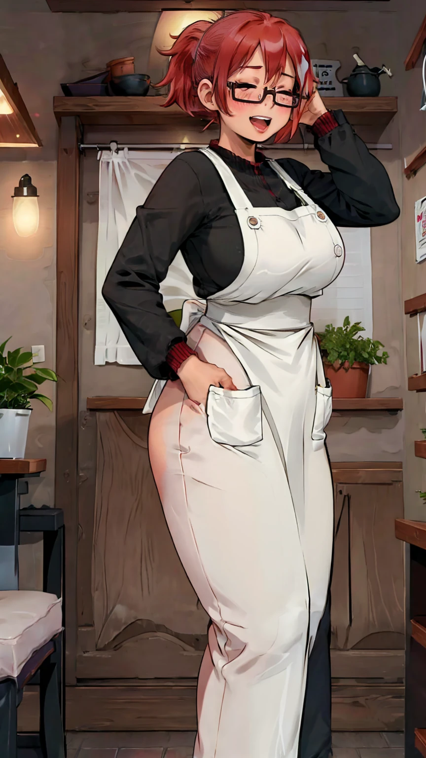 fuyumi todoroki, 1girl, Thick, ass view, solo, breasts, blush, smile, short hair, open mouth, bangs, long sleeves, medium breasts, standing, closed eyes, ponytail, white hair, :d, red hair, multicolored hair, glasses, teeth, pants, indoors, apron, two-tone hair,