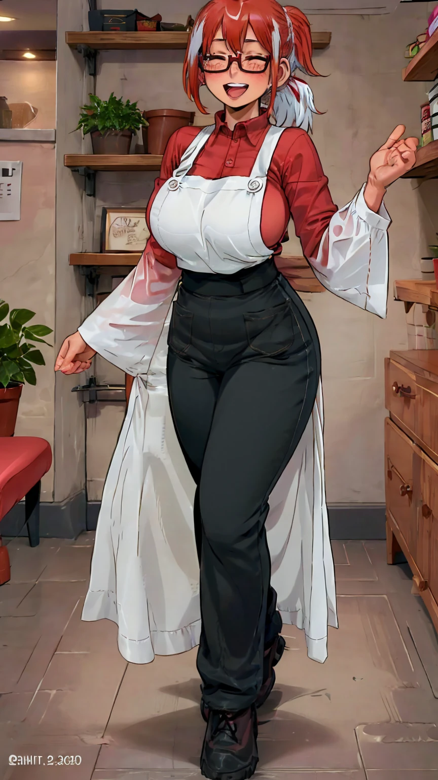 fuyumi todoroki, 1girl, Thick, ass view, solo, breasts, blush, smile, short hair, open mouth, bangs, long sleeves, medium breasts, standing, closed eyes, ponytail, white hair, :d, red hair, multicolored hair, glasses, teeth, pants, indoors, apron, two-tone hair,