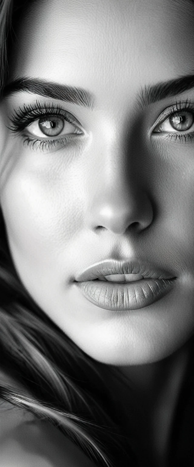 A stunning, black and white photo shoot of a beautiful woman with delicate, pencil-drawn features and a smooth touch, dreaming expression. highy detailed, with complex shading and a variety of tones, from deep blacks to bright whites. Captured with a regular and a classic lens, timeless composition that emphasizes the woman's natural beauty and the artist's skill, expressive lines.