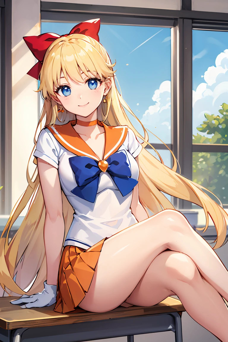 masterpiece, Highest quality, High resolution, Venus 1, One girl, alone, Sailor Warrior Uniforms, Sailor Venus, aino minako, Blonde, Magical girl, blue eyes, Orange Skirt, Elbow hand pockets, tiara, Pleated skirt, Hair Ribbon, Orange sailor collar, mini skirt, choker, Red Bow, orange choker, White gloves, Very long hair, jewelry, Earrings, Sitting, Crossing your legs,The background is a school classroom,smile、