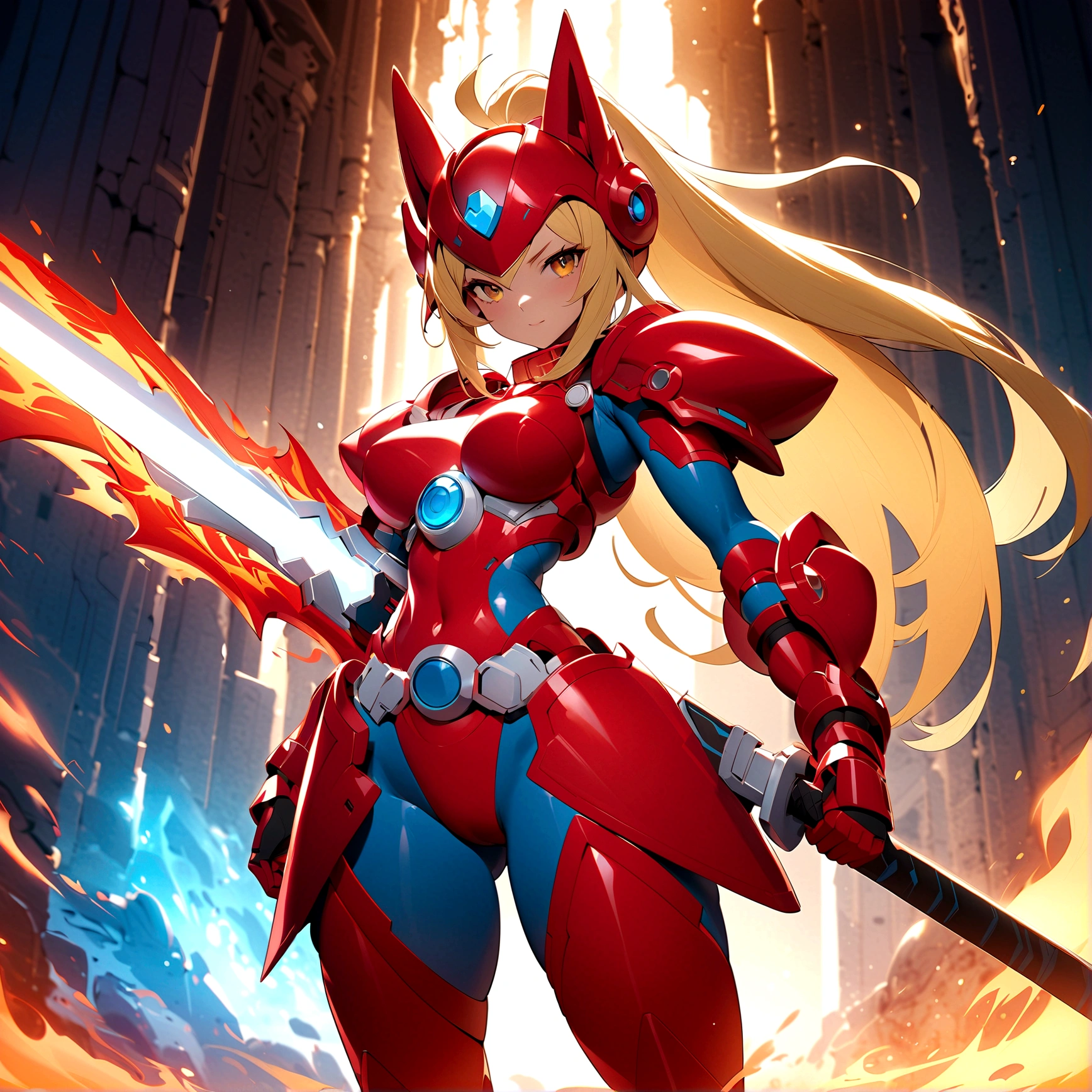 Masterpiece, exquisite and detailed, 4k, 8k, high resolution, hightech fantasy style inspired by the design of Megaman, an anthro wolf reploid goddess with long blonde ponytail hair, helmet and red armor with white details, fierce, curvy, wielding a large flaming sword, posing next to the sword, dynamic light , cinematic BG, highly detailed