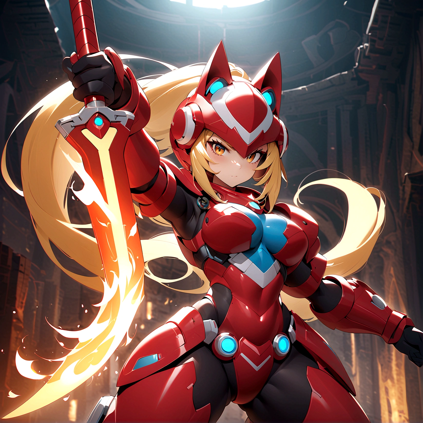 Masterpiece, exquisite and detailed, 4k, 8k, high resolution, hightech fantasy style inspired by the design of Megaman, an anthro wolf reploid goddess with long blonde ponytail hair, helmet and red armor with white details, fierce, curvy, wielding a large flaming sword, posing next to the sword, dynamic light , cinematic BG, highly detailed