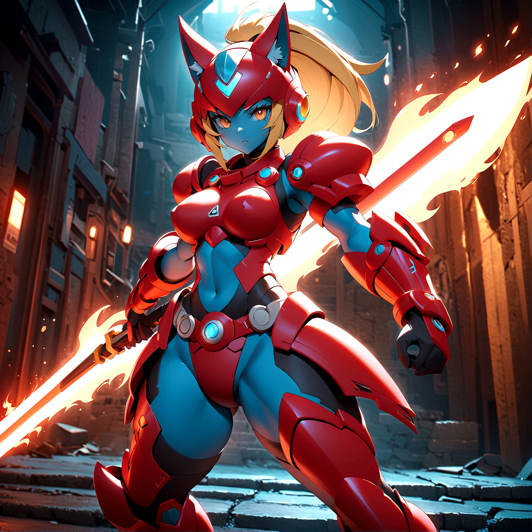 Masterpiece, exquisite and detailed, 4k, 8k, high resolution, hightech fantasy style inspired by the design of Megaman, an anthro wolf reploid goddess with long blonde ponytail hair, helmet and red armor with white details, fierce, curvy, wielding a large flaming sword, posing next to the sword, dynamic light , cinematic BG, highly detailed