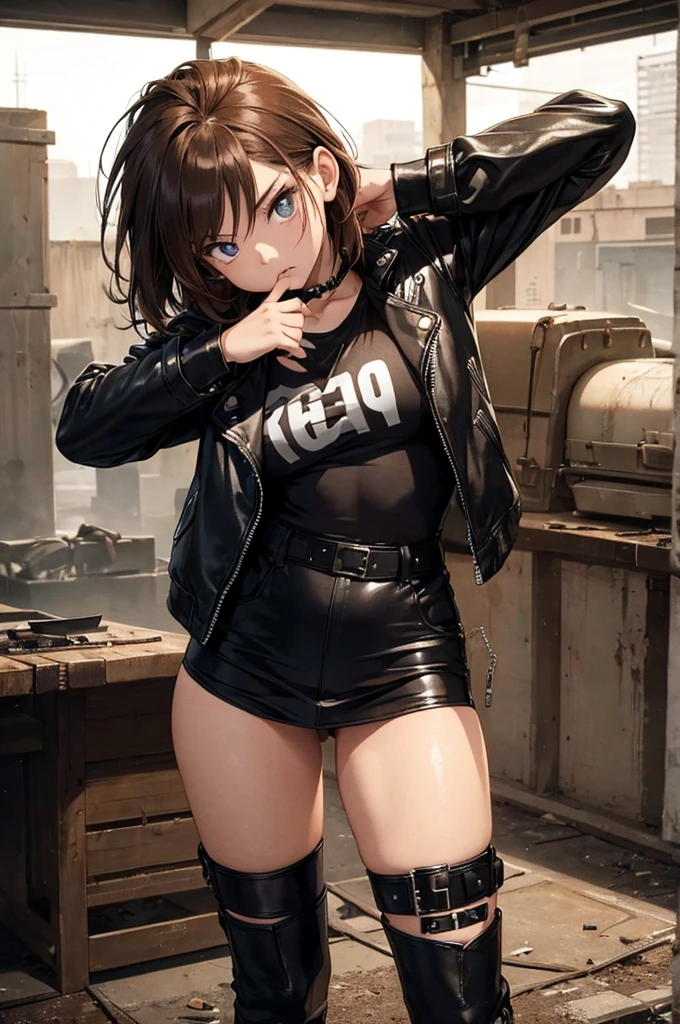 1 female, fierce, post-apocalyptic dessert, young kid, asian, spiked baseball bat, cute, Leather jacket, hourglass figure, thick thighs, full body pic, light brown hair, blue pupils, pout, best quality.