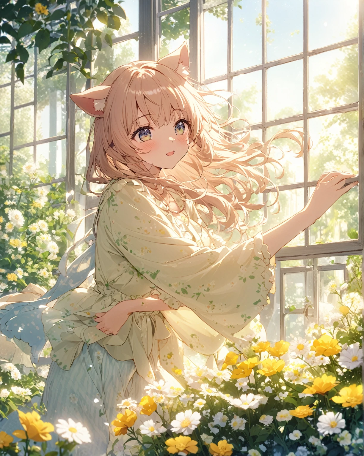 Two nekogirl (neko ears) in pajamas opens the window、clear々Fresh morning air and refreshing sunshine、flowers in the garden々is in full bloom、It smells like spring。A work that expresses the freshness of a certain spring morning.。The gentle and calm atmosphere of the whole scene、It is necessary to fully express the cuteness of a woman who stretches in the morning air.。hair blowing in the wind、The wind brings the freshness of spring。the nekogirl 's profile is beautiful and captivates the viewer.。petals riding the wind、birds chirping、I have a feeling that today is going to be a very good day as well.。Excitement、I can't help but smile。This scene is rendered in anime style, with vivid contrast and beautiful detail.。high quality、High resolution、masterpiece:1.2。, ((light blue hair))