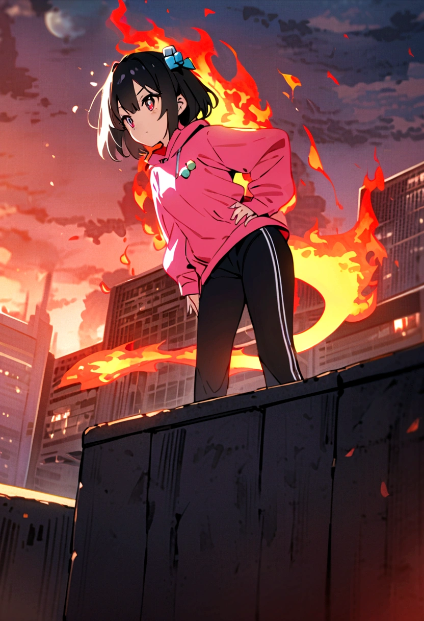an anime girl eyes with a black iris and red pupils, black hair with pink highlights with small hair bow with small blue and yellow cubes decoration on the bow, on the right side of the head. She wears a pink sweatshirt that is too big for her and small black sweatpants.. She has a red aura of flames that surrounds her violently.. Two flames of fire emerge from his head and flames come outward from his hip, forming a tail.. She is on top of a building with the moon behind