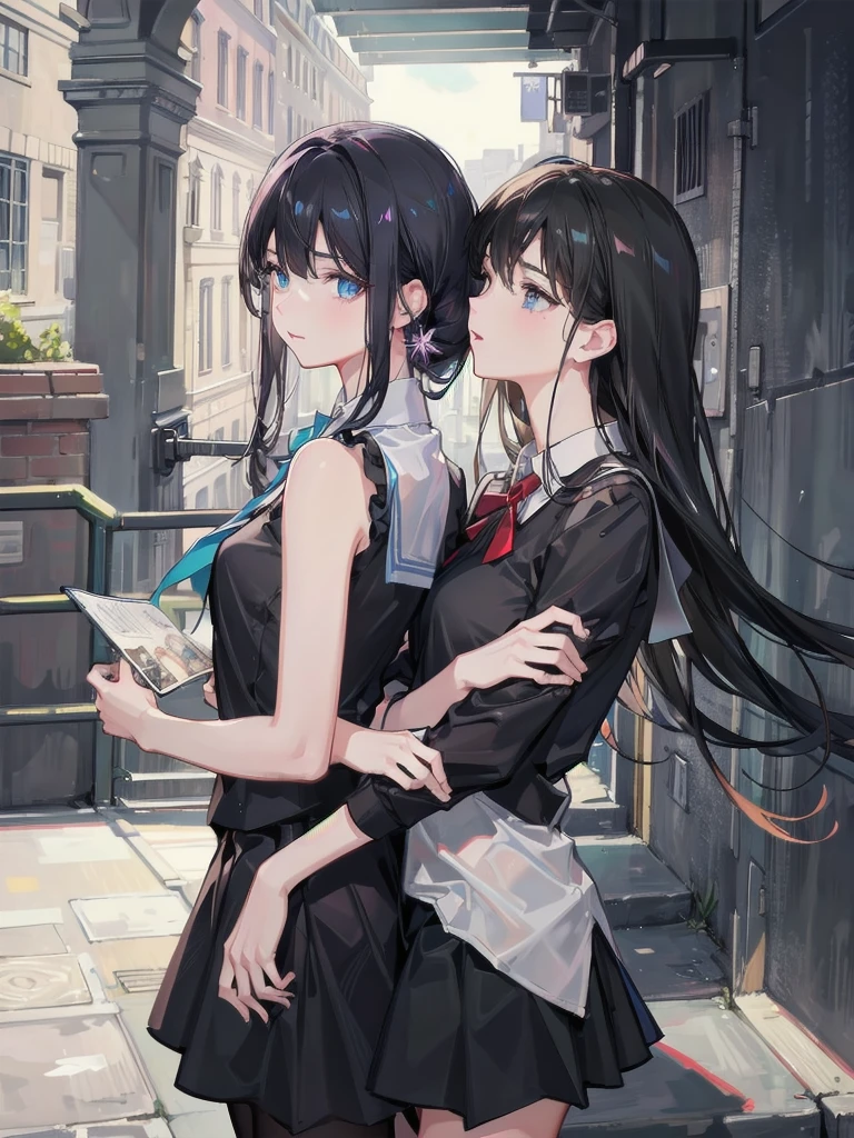 absurdres, RAW photo, extremely delicate and beautiful, masterpiece, Best Quality, ultra high resolution, 32k, hyperrealistic, ultra-detailed, in her 20s, delicate facial features, tearful mole, earring, medium breasts, full body shot, shorter middle hair, black hair, summer school_uniform shirt, sleeveless, yuri, 2girls, kissing, hugging,