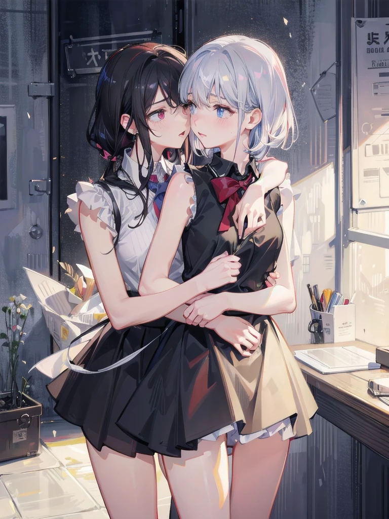 absurdres, RAW photo, extremely delicate and beautiful, masterpiece, Best Quality, ultra high resolution, 32k, hyperrealistic, ultra-detailed, in her 20s, delicate facial features, tearful mole, earring, medium breasts, full body shot, shorter middle hair, black hair, summer school_uniform shirt, sleeveless, yuri, 2girls, kissing, hugging,