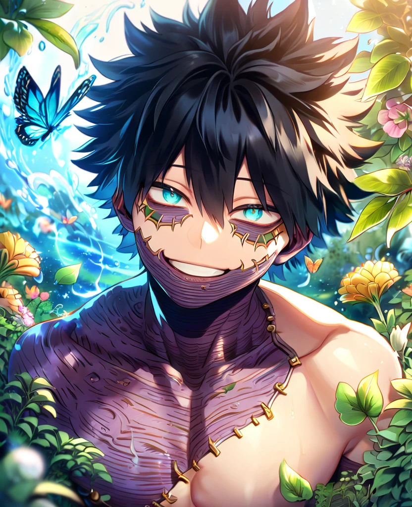 absurdres, highres, ultra detailed, HDR, master piece, best quality, extremely detailed face, delicated features, Dabi, black hair, expressive turquoise eyes, Boku No Hero Academia, solo, sexy man, handsome, smiling, bare chest, fantasy, magical, butterflies, summer, green leaves, flowers, water