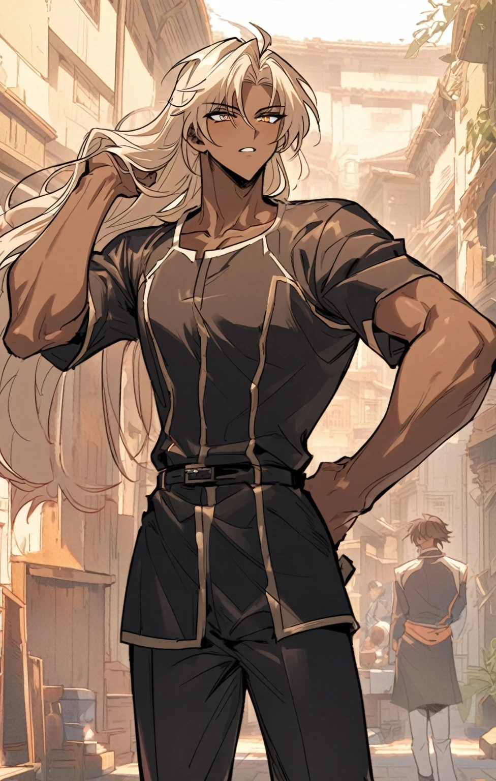 a pretty Male, he has brown skin and he has blue to orange eyes and he’s hair is black to blue and he is wearing a academy uniform . Manhwa style.