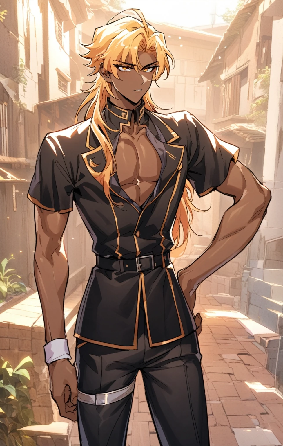 a pretty Male, he has brown skin and he has blue to orange eyes and he’s hair is black to blue and he is wearing a academy uniform . Manhwa style.