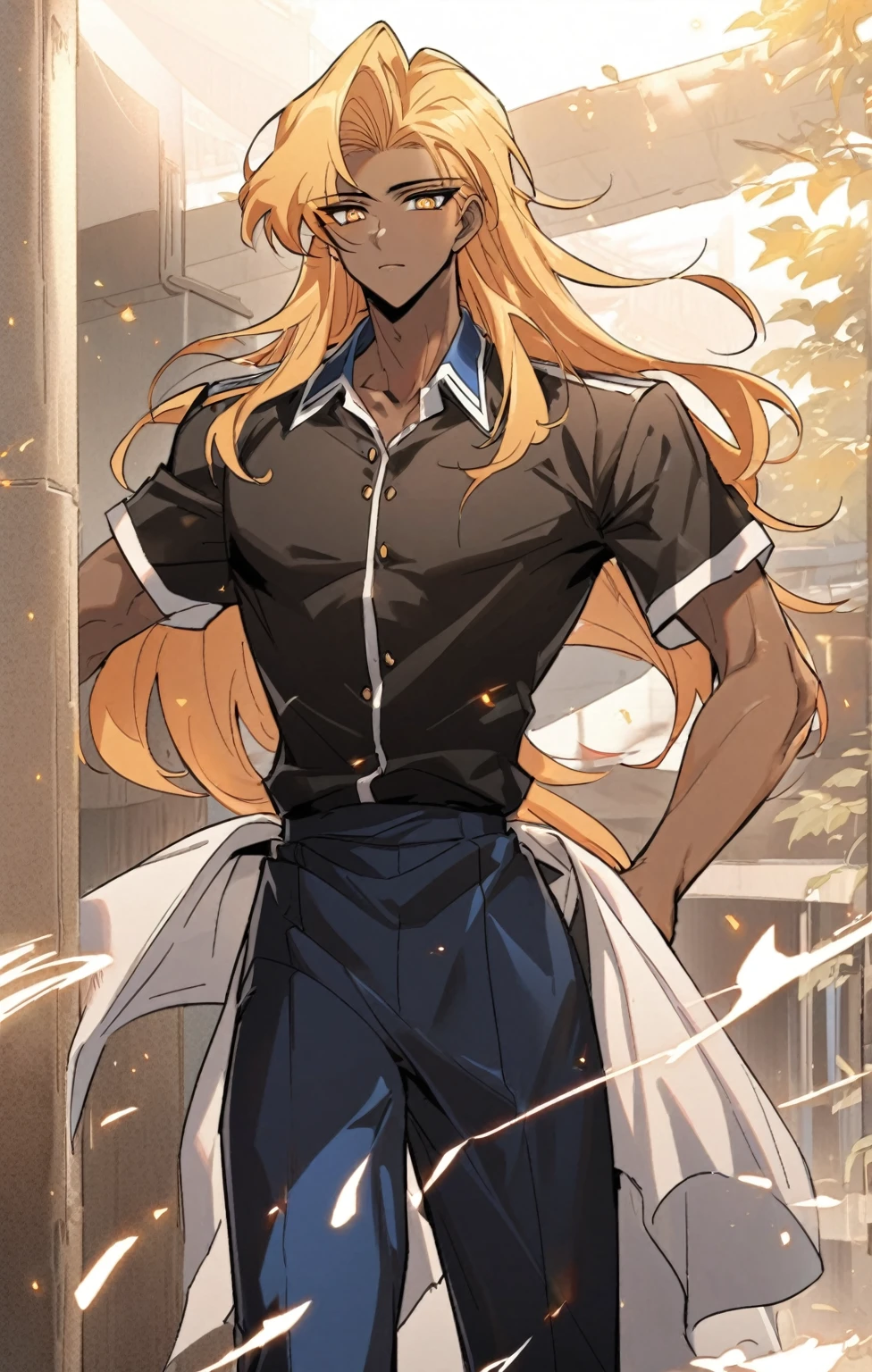 a pretty Male, he has brown skin and he has blue to orange eyes and he’s hair is black to blue and he is wearing a academy uniform . Manhwa style.
