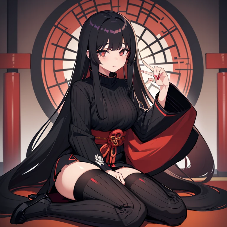1girl, anime, black eyes, long black hair with square bangs, very long black hair, super long black hair, skirt and stockings, heels, black Japanese style kimono mixed with ribbed black sweater with red accents and sakura floral design, ((ribbed black sweater)) adult, (Japanese shrine/temple background), gamer, (((gamergirl))), kimono sleeves
