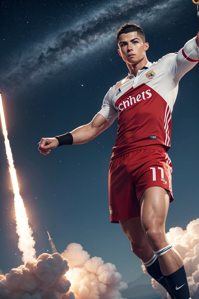 A rocket with Cristiano Ronaldo's photo printed on the rocket's body heading towards space
