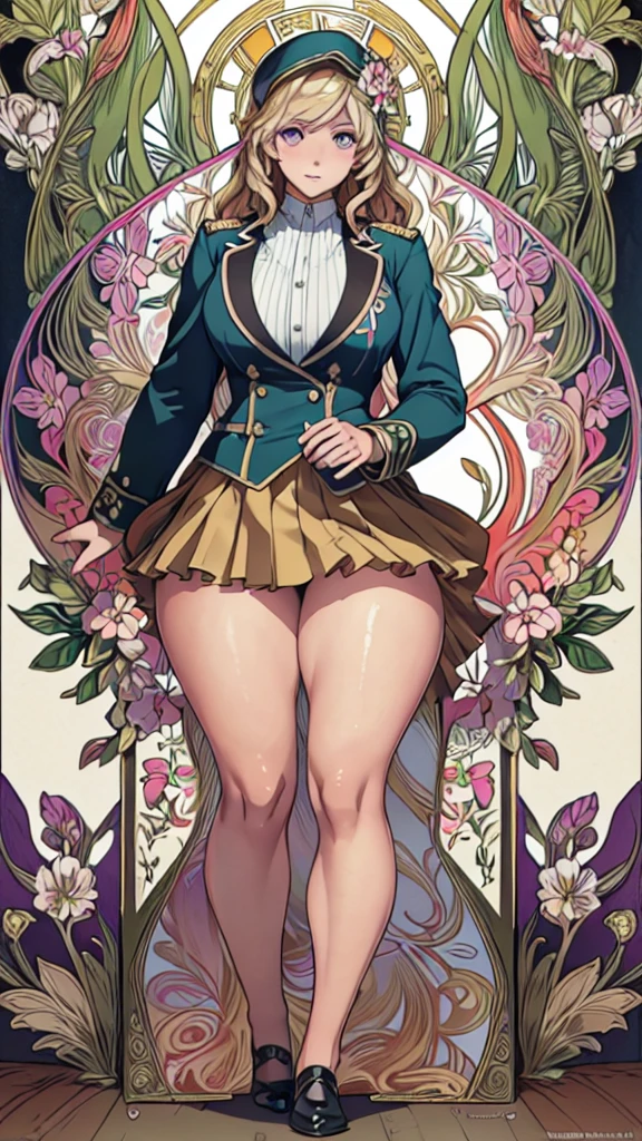 (Mucha:1.2),Detailed Background,Art Deco,Botanical Art,Flower Art,(Floral:1.2), 
(masterpiece, Highest quality),Vibrant colors,colorful, Highest quality, Amazing details, Anatomically correct,
Line art, Depth of written boundary,Flat Shading,
(Wavy Hair,Blonde),(Thighs),Thin legs,
(Plain uniform:1.5),(Uniform Blazer),(Black blazer),(Checkered uniform skirt),