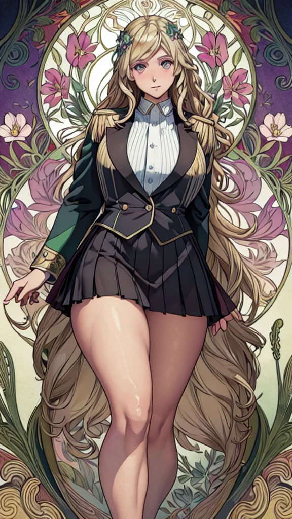 (Mucha:1.2),Detailed Background,Art Deco,Botanical Art,Flower Art,(Floral:1.2), 
(masterpiece, Highest quality),Vibrant colors,colorful, Highest quality, Amazing details, Anatomically correct,
Line art, Depth of written boundary,Flat Shading,
(Wavy Hair,Blonde),(Thighs),Thin legs,
(Plain uniform:1.5),(Uniform Blazer),(Black blazer),(Checkered uniform skirt),