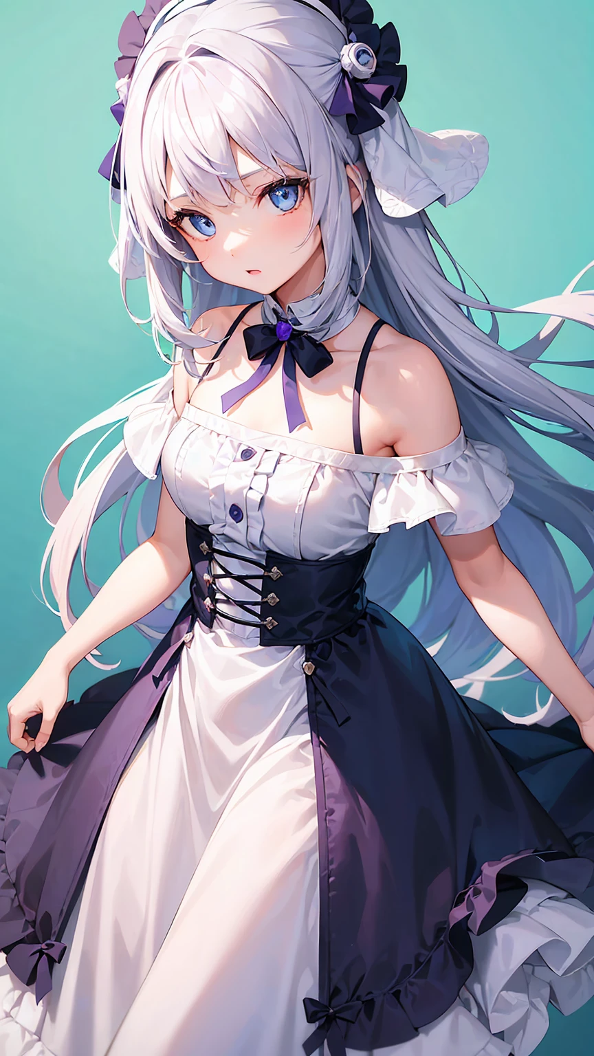 (Girl1,10 years old,round face,blue eyes,White hair,long hair),purple short a dress,green background,highly detailed,hd