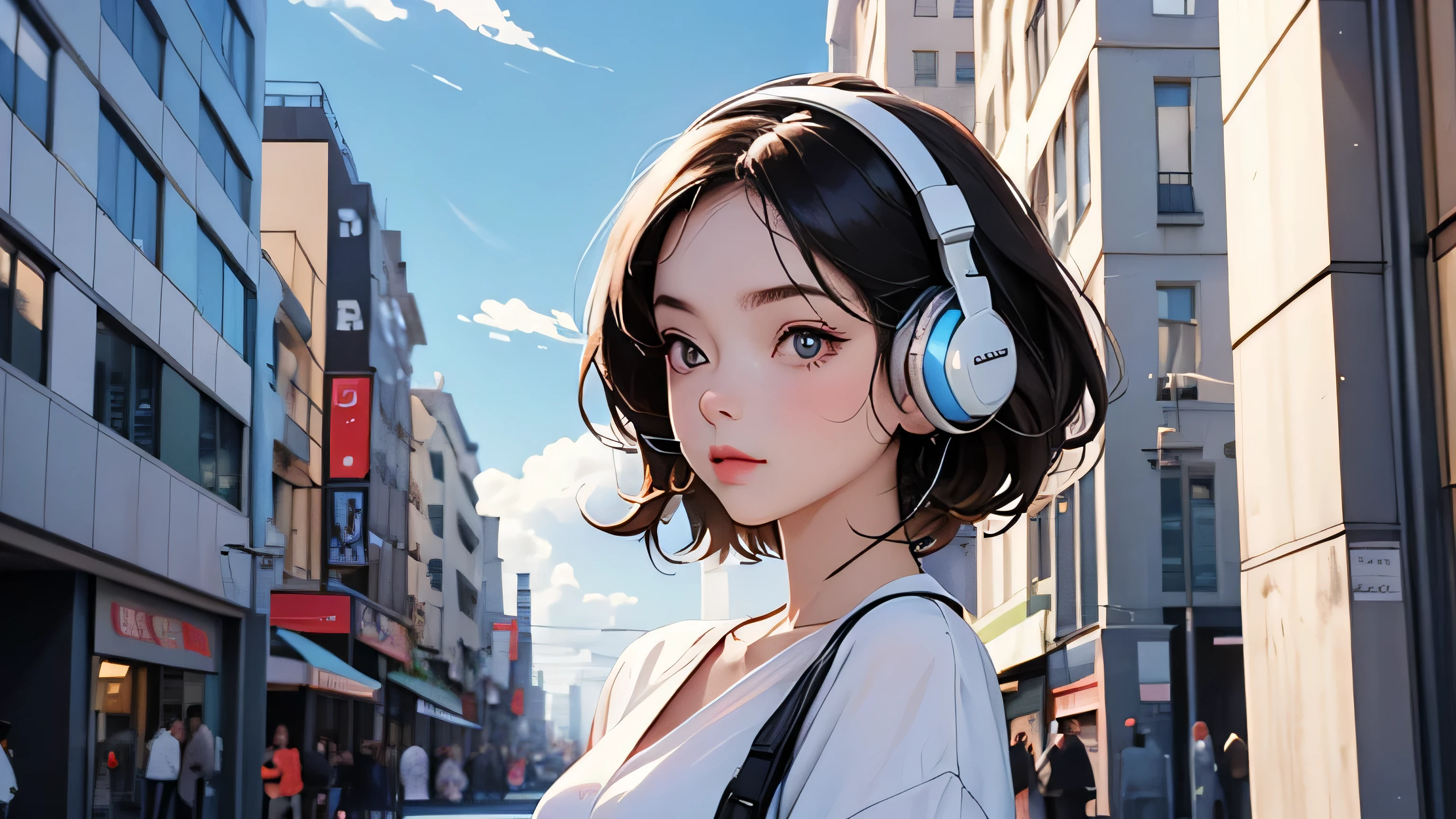 Street fashion girl　Headphones　LOFI Retro　Stylish　１９８０s　City　Clear sky and clouds