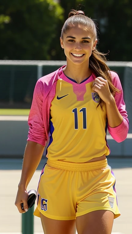 Alex Morgan dressed in clothes made of bright cotton and smiling