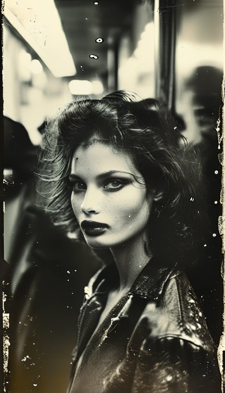 old 35mm photo, 1990s, a supermodel on a break backstage, monochrome, Old 35mm photograph of a woman on a street