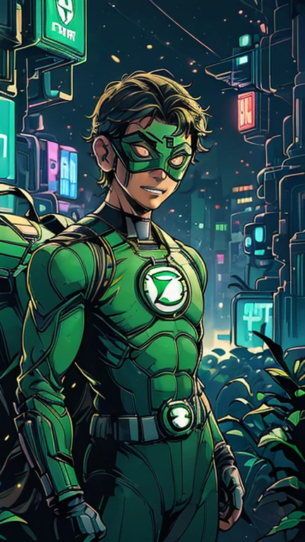 best quality,masterpiece,1boy,solo,(((13years old))),japanese boy,an extremely cute and handsome boy,highly detailed beautiful face and eyes,petit,cute face,lovely face,baby face,shy smile,show teeth, Brown hair, short hair,flat chest,skinny,slender,(((wearing a Green Lantern costume,green domino mask))),(((heroic pose in Dark Midnight Neon Glow light Cyberpunk metropolis city))),he is looking at the viewer,
